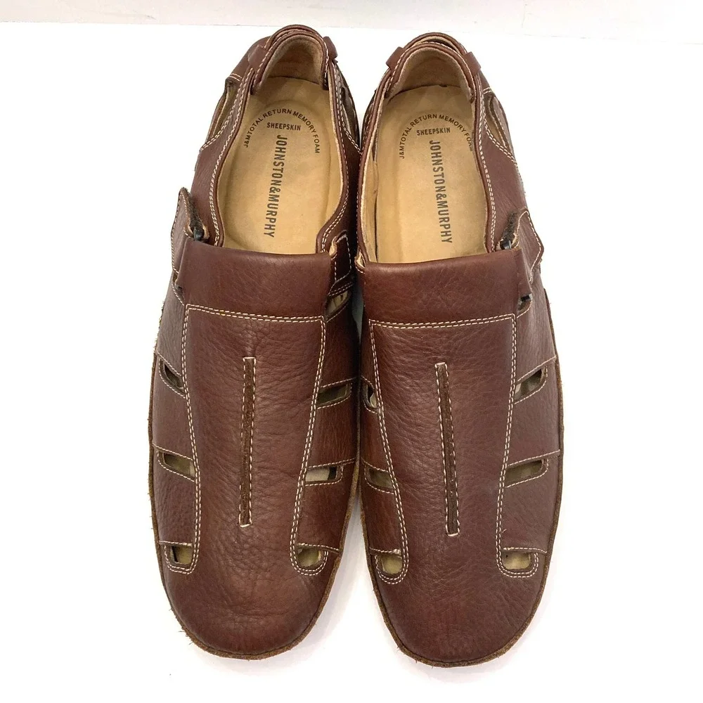Johnston & Murphy Fisherman Sandals Sheepskin Leather Mens 13 M Brown Hook Loop
